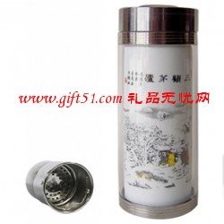三顾茅庐粉彩陶瓷保温杯定制